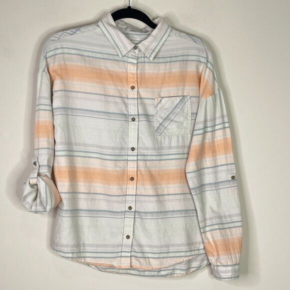 PrAna Percy Striped Roll Tab Sleeve Organic Cotton Shirt Women's Size Small - Picture 1 of 5